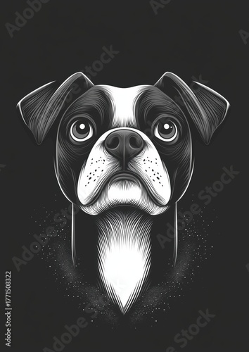 stylized black and white dog illustration