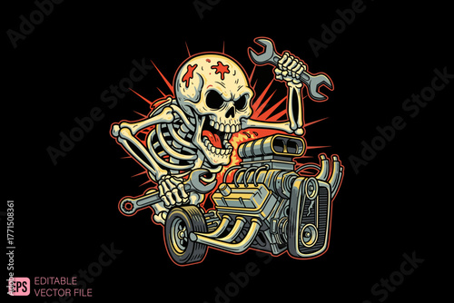 Skeleton Mechanic with Hot Rod Engine and Wrench.