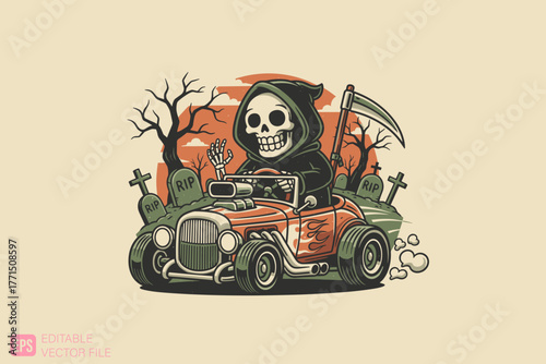 Grim Reaper Driving Hot Rod Car Halloween Illustration.