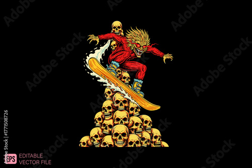 Zombie Snowboarder Riding a Pile of Skulls.