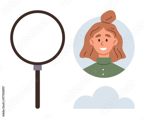 Magnifying glass beside woman portrait in a circle with a cloud below. Ideal for identity, search, recruitment, user focus, self-discovery, technology, online profiles. Simple flat metaphor