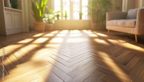 Sunlit parquet floor in a cozy living room creates a warm atmosphere