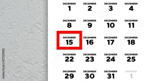 The date December 15th marked with a red cursor on the wall calendar 2025