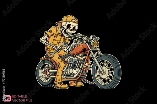 Cool Skeleton Rider on a Classic Motorcycle with a Cap.