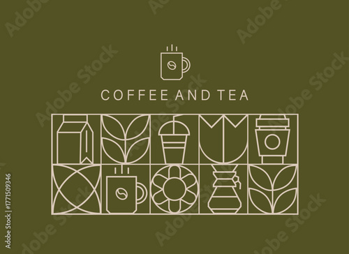 Hand drawn illustration of Bakery and Coffee. Icons. Abstract geometric line background. Pattern for cover design, food package, menu, background, café wall, coffee shop, web banner