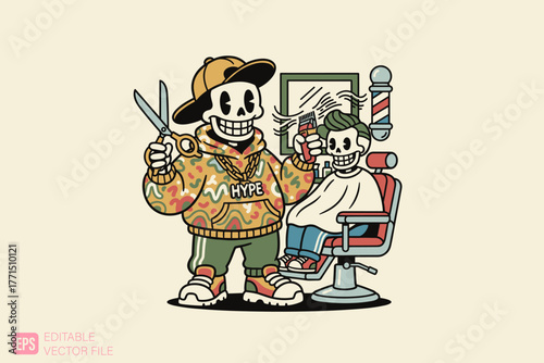 Cool Skeleton Barber Giving a Haircut to a Skeleton Client.