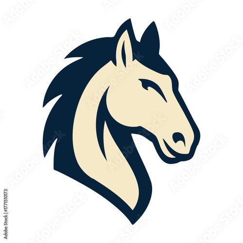 Beige and dark blue horse head profile with closed eyes on white background animal