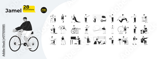 Arab man character daily activities outline illustrations mega bundle. Middle eastern male cycling, reading, working, traveling 2D linear images isolated. Collection black and white vector drawings