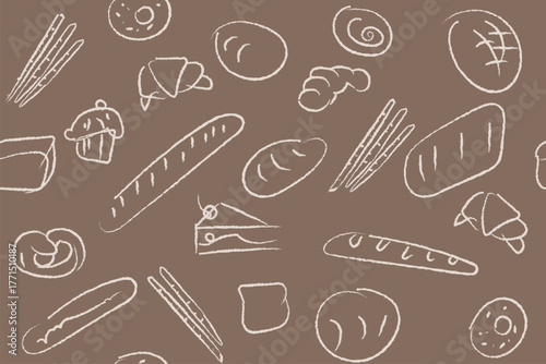 Hand drawn illustration of Bakery. Bread, loaf, baguette, bakery products, cinnabon, croissant. Abstract geometric line background. 