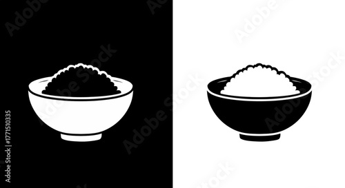 Rice Bowl Icon Set Food Serving Illustration White and Black