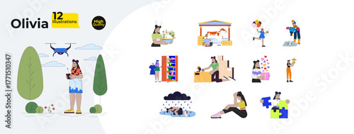 Curvy latina woman with work, holidays, depression cartoon flat illustrations mega bundle. Drone using, celebrating, packing tape 2D images isolated on white. Collection vector drawings colorful