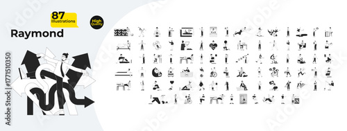 Caucasian man character with everyday lifestyle, business outline illustrations mega bundle. Daily routine, work, hobbies 2D linear images isolated. Collection black and white vector drawings