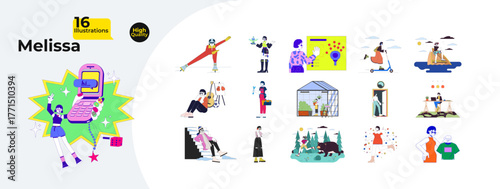 Chinese woman character with hobbies and activities cartoon flat illustrations mega bundle. Occupation, travel, casual lifestyle 2D images isolated on white. Collection vector drawings colorful