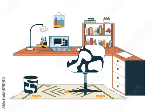 Organized home office interior 2D cartoon object. L-shaped desk with swivel chair, laptop, bookshelf, eclectic rug and accessories isolated element flat vector clip art on white. Spot illustration
