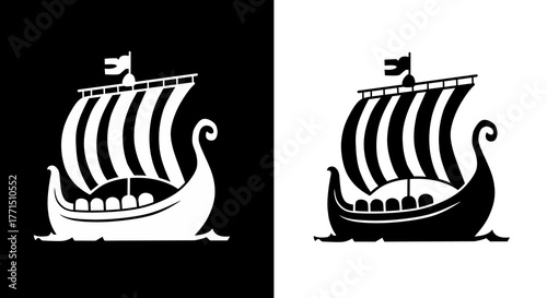 Viking Ship Silhouette: Nordic Boat Illustration on Black and White