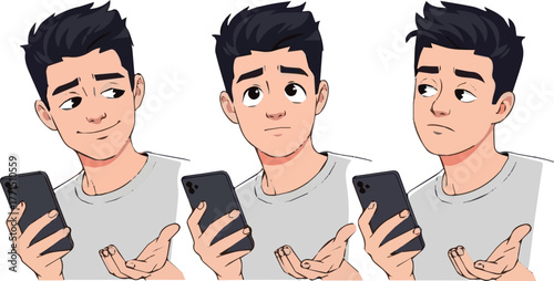 Create a kind of deferent Facial expression variation set of a young man holding a smartphone vector art with white background..