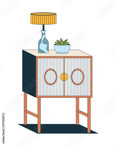 Decorated wooden nightstand with lamp and succulent 2D cartoon object. Ribbed cabinet with plant, lighting. Bedroom furniture isolated element flat vector clip art on white. Spot illustration