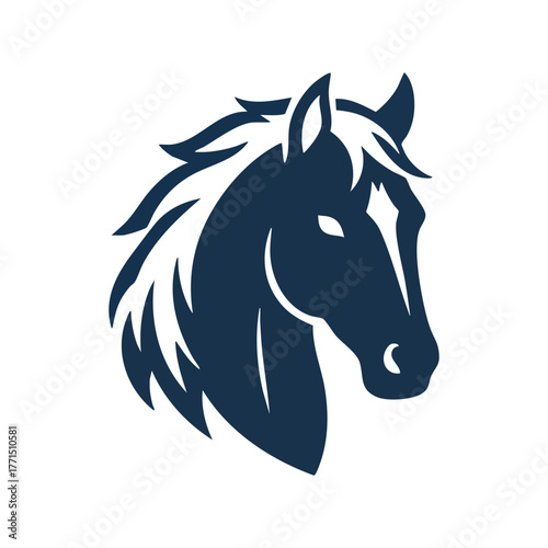 Dark blue silhouette of a horse head with flowing mane on transparent background equine animal