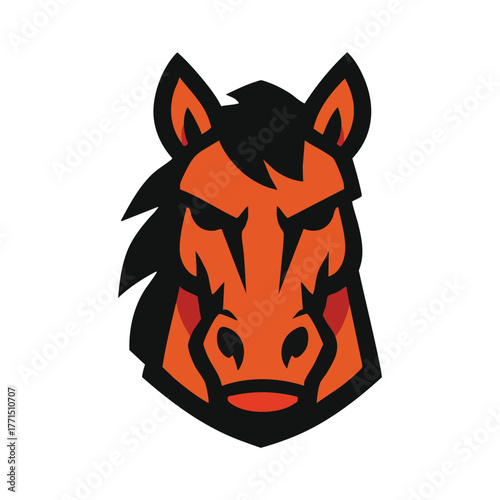 Fierce orange horse head front view with black mane and outline on white background animal