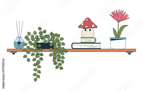 Decorative shelf with plants and books 2D cartoon object. Cozy corner with diffuser, flowerpot, mushroom toy, hanging greenery isolated element flat vector clip art on white. Spot illustration