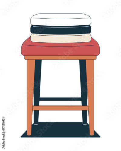 Wooden stool topped with neatly folded towels 2D cartoon object. Stacked soft fabric. Bathroom interior, clothes pile furniture isolated element flat vector clip art on white. Spot illustration