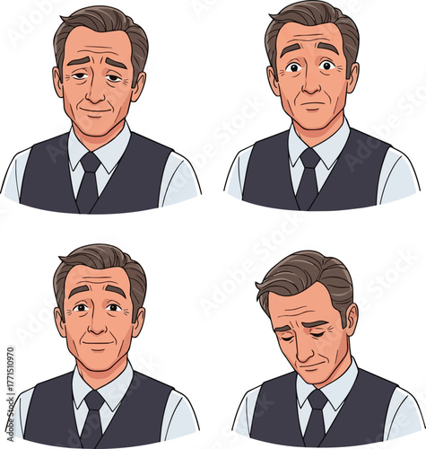 Create a kind of deferent Business facial expression illustration set of a middle-aged man wearing a vest vector art with white background..