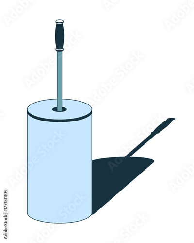 Plastic toilet brush with cylindrical holder 2D cartoon object. Cleaning utility, sanitation accessory, bathroom. Hygiene tool isolated element flat vector clip art on white. Spot illustration