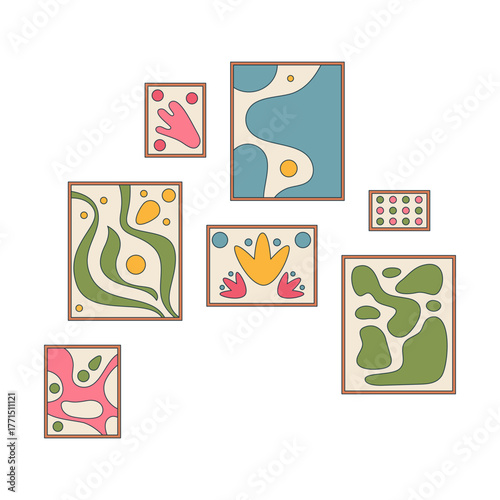 Framed abstract wall art pieces 2D cartoon object. Interior decor. Modern creative artworks. Eclectic paintings wooden frames isolated element flat vector clip art on white. Spot illustration