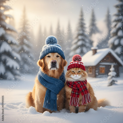 Adorable, intimate moment of a dog and a cat wearing winter gear and cuddling up together outdoors in a gentle snowfall, suggesting companionship and festive spirit.