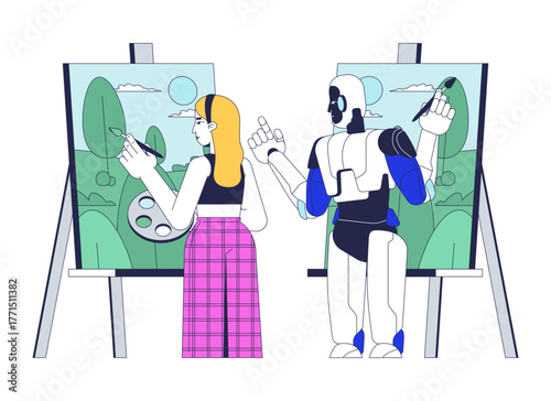 AI stealing from artist 2D illustration concept. Theft of intellectual property. Artificial intelligence copying, replicating human creativity cartoon characters isolated. Flat vector metaphor