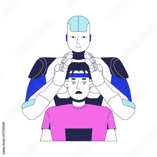 AI as tool for propaganda 2D illustration concept. Manipulation of thoughts, beliefs. Artificial intelligence controlling human mind cartoon characters isolated on white. Flat abstract vector metaphor