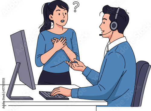 Create a kind of deferent Simple vector icon illustration of a young woman asking a question to an operator vector art with white background..