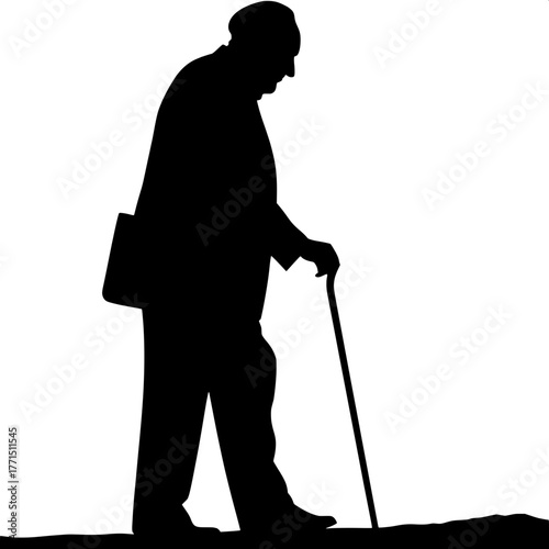 "Minimalist illustration of an old man in silhouette, wearing formal clothes and using a cane, walking slowly across a blank white field, side profile, somber mood, black and white only."