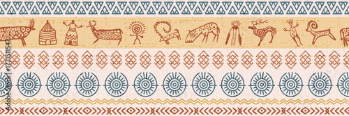 Ethnic seamless border on the theme of rock paintings, petroglyphs and geometric pattern, vector design, banner