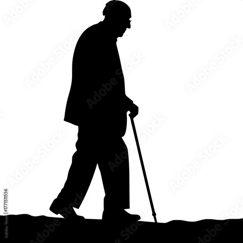 "Minimalist illustration of an old man in silhouette, wearing formal clothes and using a cane, walking slowly across a blank white field, side profile, somber mood, black and white only."