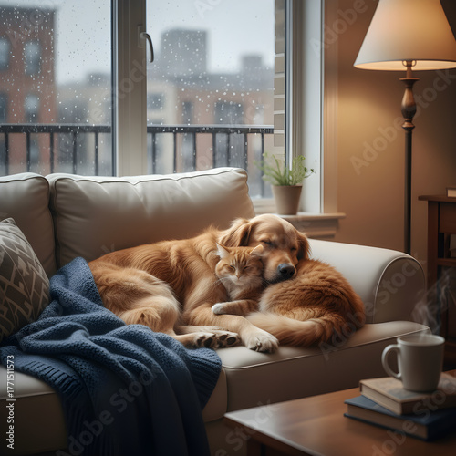 Nap time for best friends. Golden retriever and cat sleeping soundly together indoors on a rainy day.