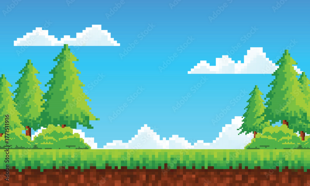 Obraz premium Flat cartoon of pixel art landscape illustration background for Retro Game Design