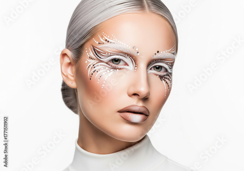 Elegant woman with creative white fantasy makeup and silver details, futuristic beauty portrait on white background.