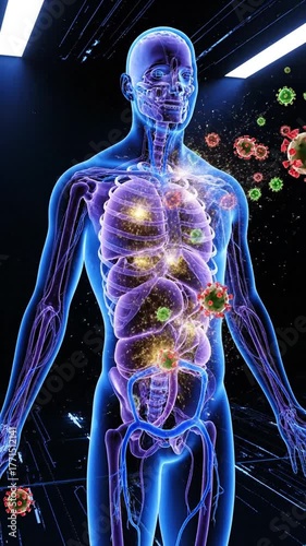 Medical illustration of human anatomy with infectious agents