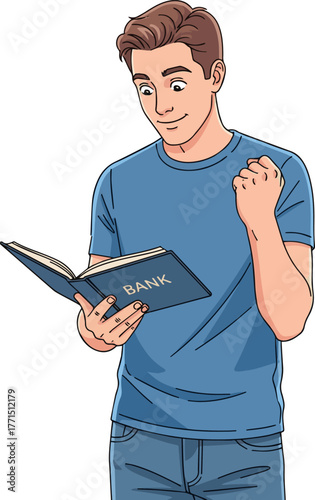 Create a kind of deferent simple vector illustration of a young man looking at his bankbook and making a fist pump vector art with white background.