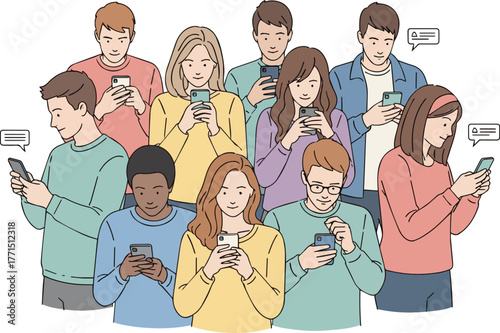 Create a kind of deferent Simple vector illustration of young men and women checking smartphone notifications vector art with white background..