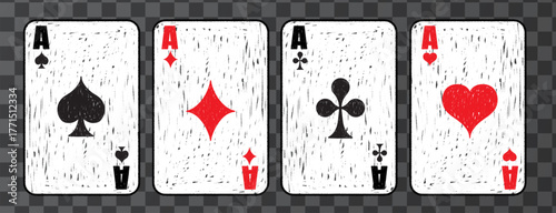 Aces set. Crayon drawn poker card suits: hearts, clubs, spades and diamonds. Hand drawn vector elements. Pencil or chalk doodle drawing