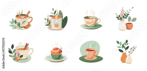 Cozy Autumn Vector Set – Hot Tea, Candles, Plants, Cupcakes, Fall Home Decor Illustrations