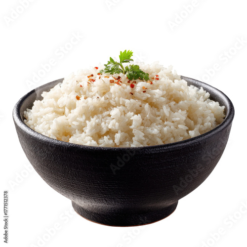 Bowl of white rice with green parsley and red pepper flakes in a black bowl on a transparent background for food ingredient design purposes