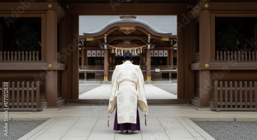Wallpaper Mural Male asian adult in traditional japanese attire at historic shinto shrine entrance Torontodigital.ca