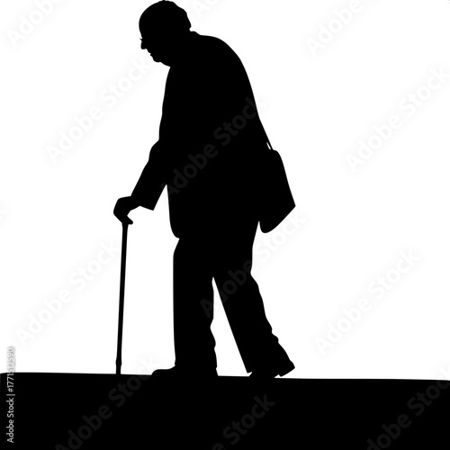 "A black silhouette of an elderly man walking with a cane, dressed in a blazer and pants, side profile facing right, leaning slightly forward, head bowed, minimalist composition on a white background,