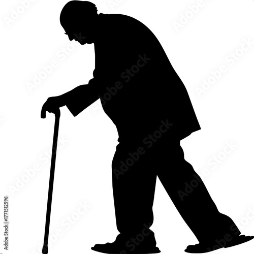 "A black silhouette of an elderly man walking with a cane, dressed in a blazer and pants, side profile facing right, leaning slightly forward, head bowed, minimalist composition on a white background,