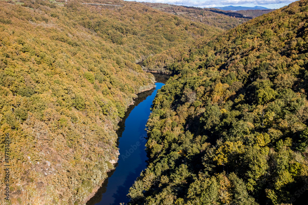 Fototapeta premium Beautiful river flowing through a dense and vast autumn forest. Fragas do río Navea