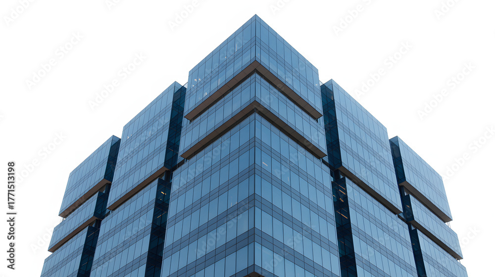 Obraz premium Modern glass skyscraper facade with geometric angles and reflective blue windows, embodying corporate success and architectural innovation.