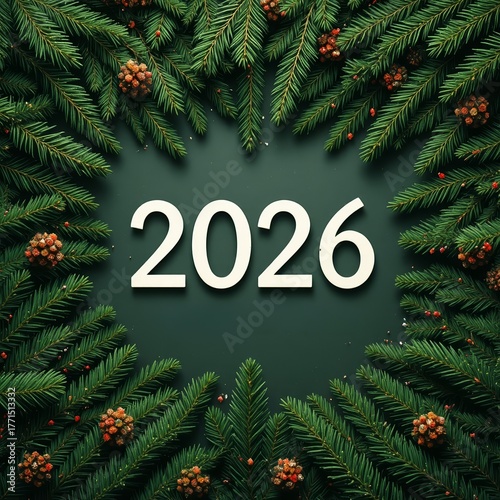 The year 2026 centered in a frame of evergreen pine branches with small pinecones.